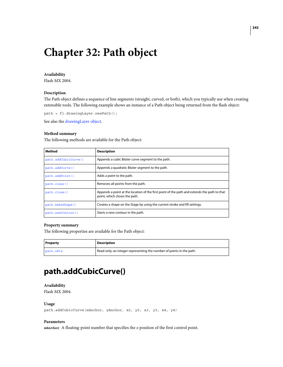 Chapter 32: path object, Path.addcubiccurve(), Path object | Adobe Extending Flash Professional CS4 User Manual | Page 365 / 560
