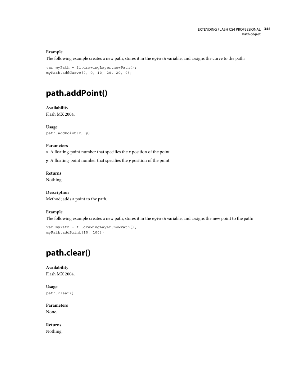 Path.addpoint(), Path.clear() | Adobe Extending Flash Professional CS4 User Manual | Page 367 / 560