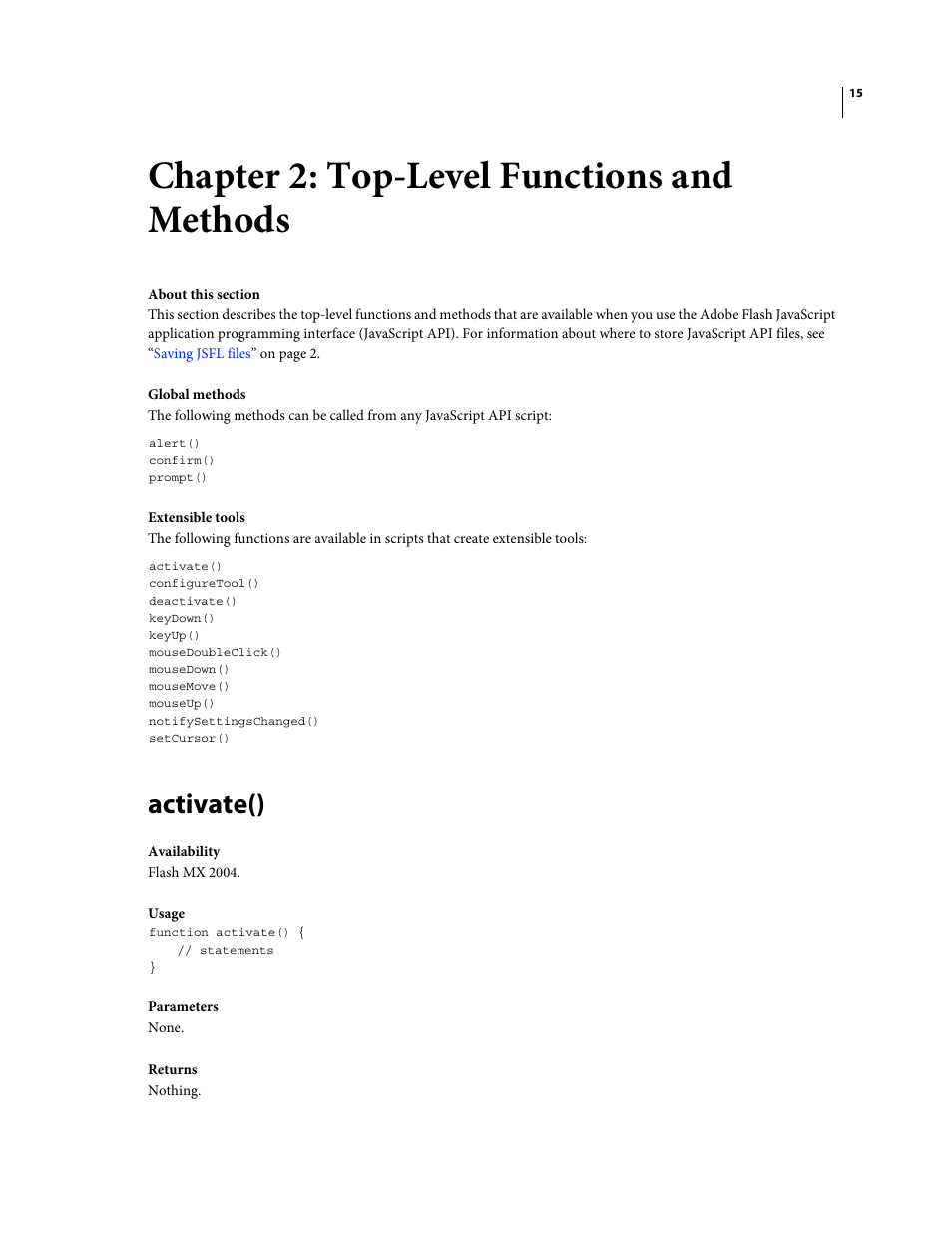 Chapter 2: top-level functions and methods, Activate(), Top-level functions and methods | Adobe Extending Flash Professional CS4 User Manual | Page 37 / 560