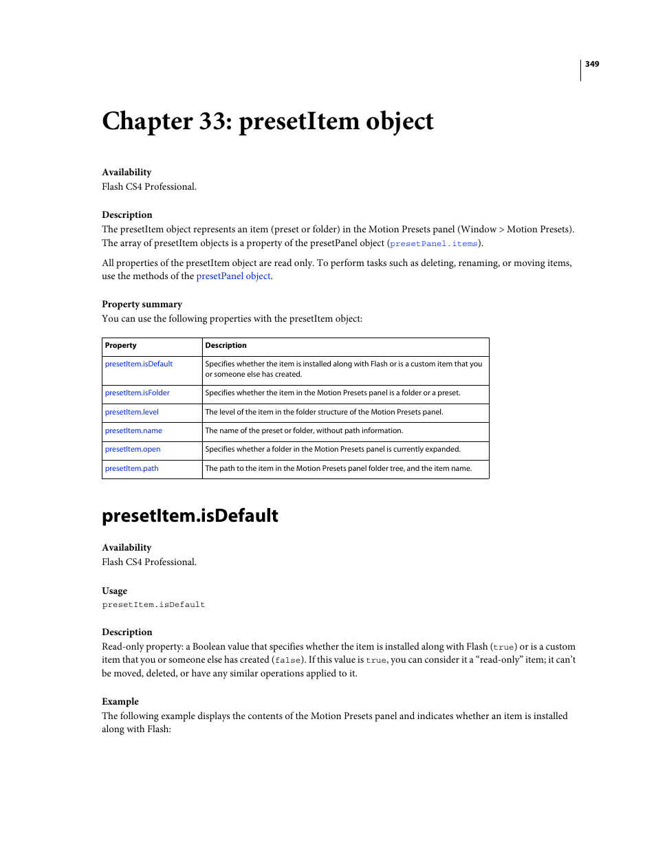 Chapter 33: presetitem object, Presetitem.isdefault, Presetitem object | Adobe Extending Flash Professional CS4 User Manual | Page 371 / 560