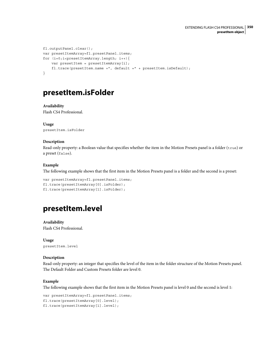 Presetitem.isfolder, Presetitem.level | Adobe Extending Flash Professional CS4 User Manual | Page 372 / 560