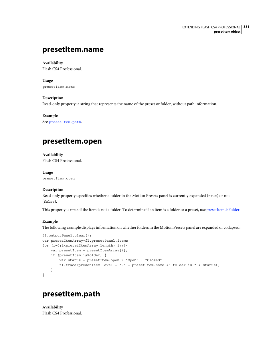 Presetitem.name, Presetitem.open, Presetitem.path | Adobe Extending Flash Professional CS4 User Manual | Page 373 / 560