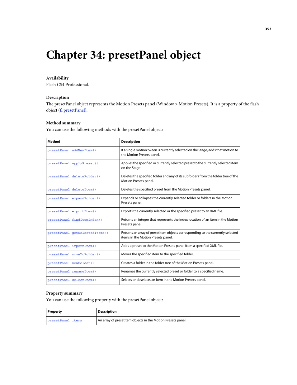 Chapter 34: presetpanel object, Presetpanel object, Use the methods of the | Adobe Extending Flash Professional CS4 User Manual | Page 375 / 560