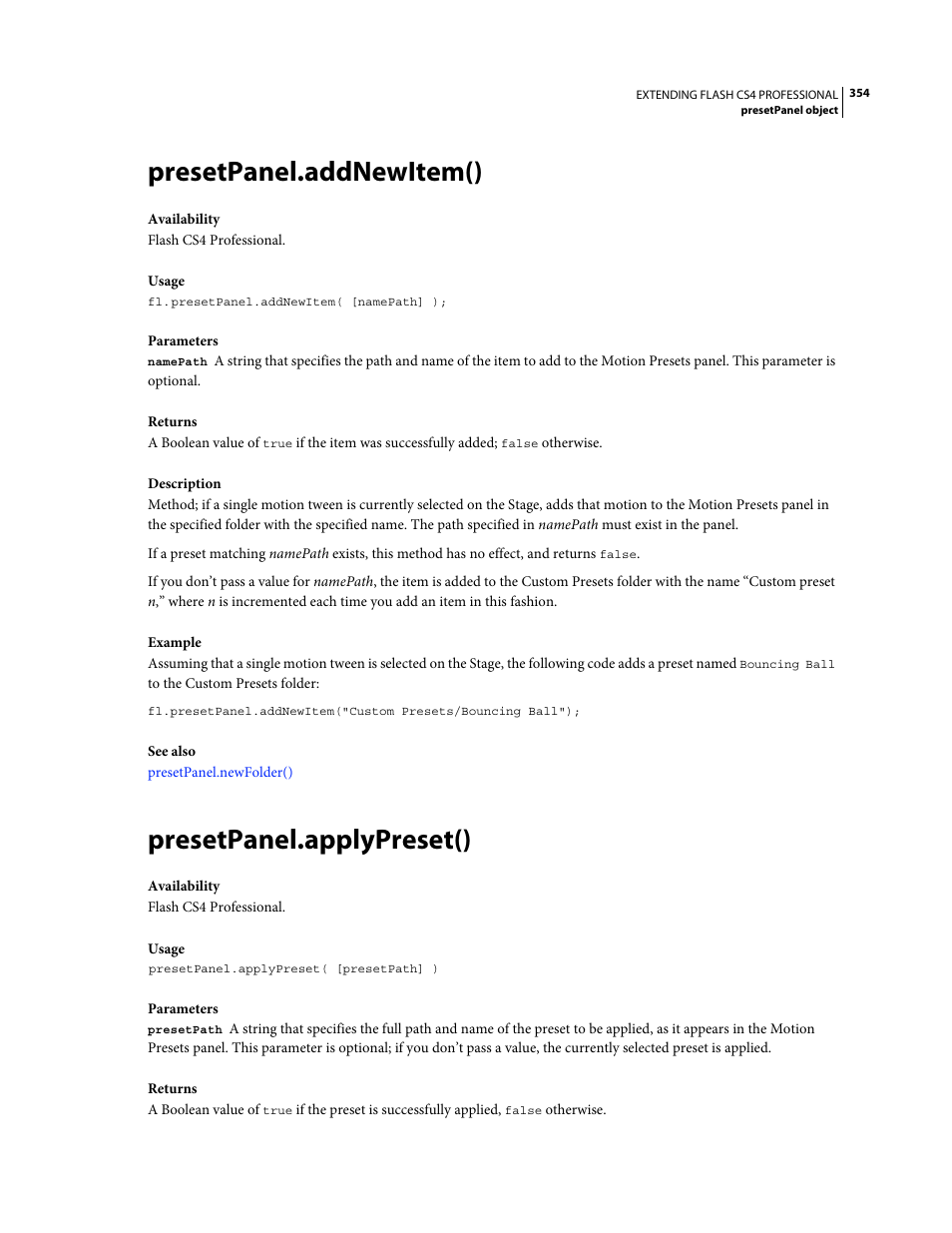 Presetpanel.addnewitem(), Presetpanel.applypreset() | Adobe Extending Flash Professional CS4 User Manual | Page 376 / 560