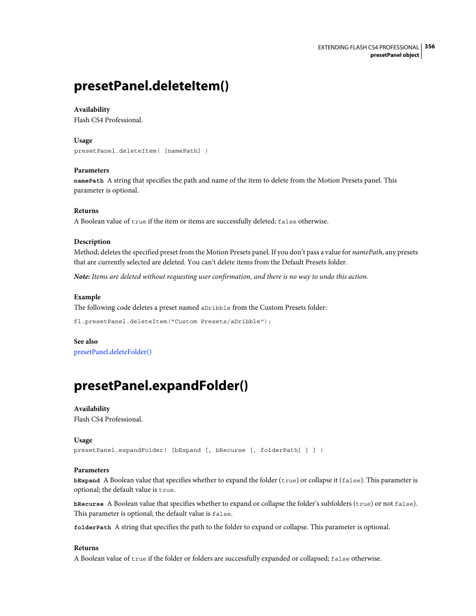 Presetpanel.deleteitem(), Presetpanel.expandfolder() | Adobe Extending Flash Professional CS4 User Manual | Page 378 / 560