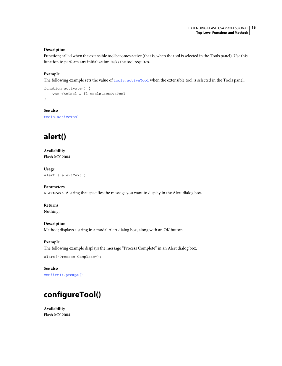 Alert(), Configuretool() | Adobe Extending Flash Professional CS4 User Manual | Page 38 / 560