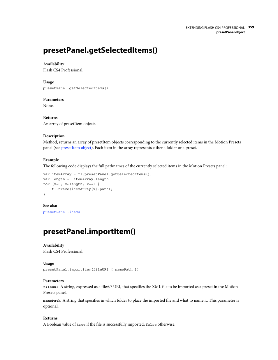 Presetpanel.getselecteditems(), Presetpanel.importitem() | Adobe Extending Flash Professional CS4 User Manual | Page 381 / 560