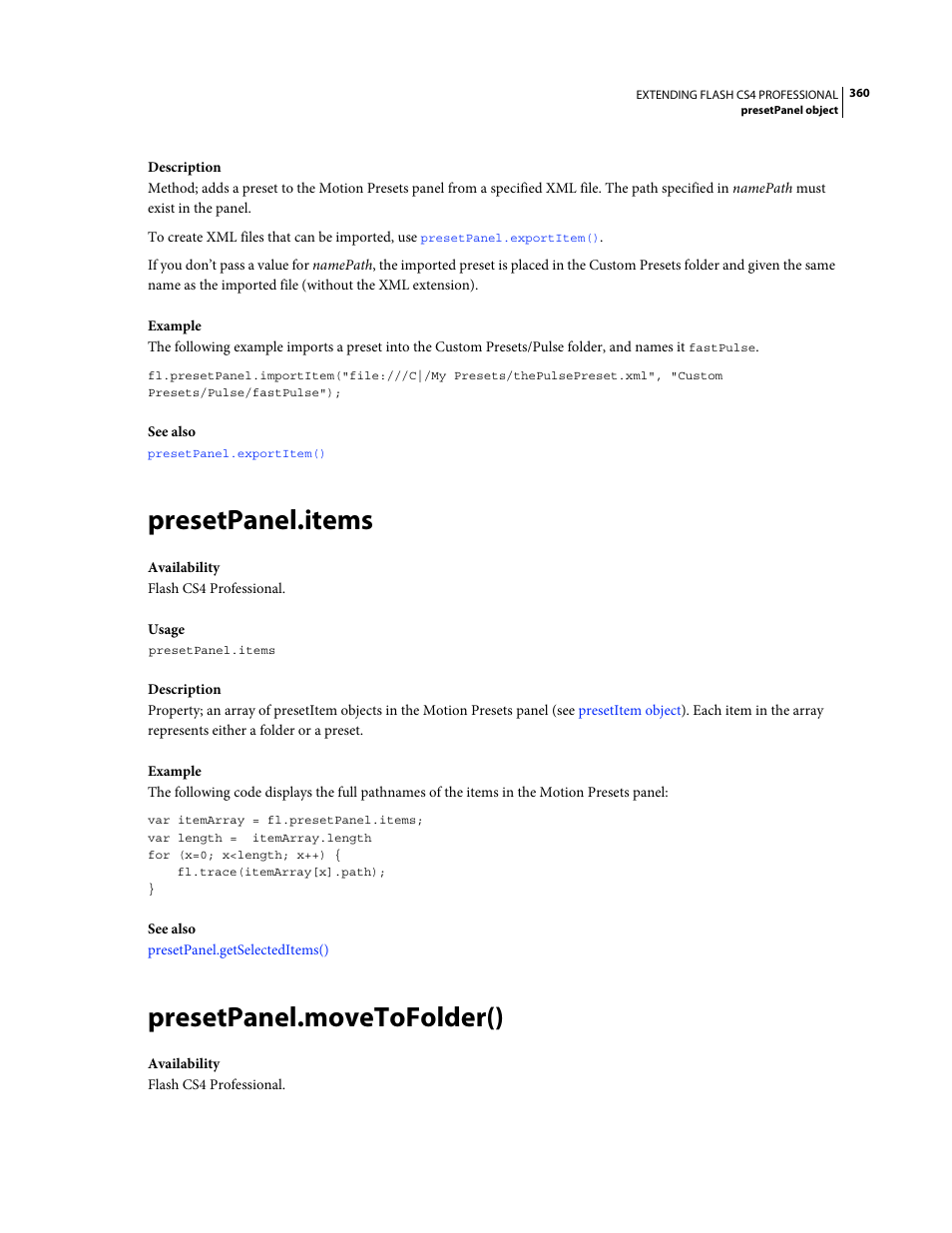 Presetpanel.items, Presetpanel.movetofolder() | Adobe Extending Flash Professional CS4 User Manual | Page 382 / 560