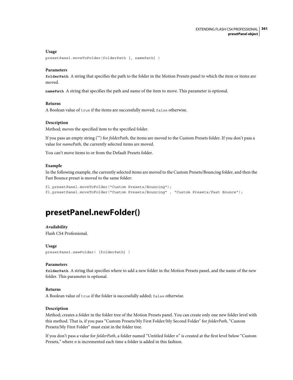 Presetpanel.newfolder() | Adobe Extending Flash Professional CS4 User Manual | Page 383 / 560