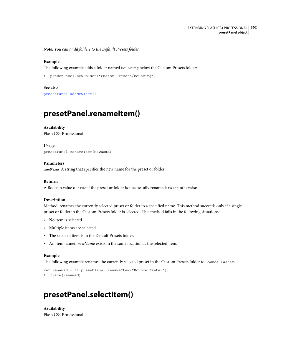 Presetpanel.renameitem(), Presetpanel.selectitem() | Adobe Extending Flash Professional CS4 User Manual | Page 384 / 560