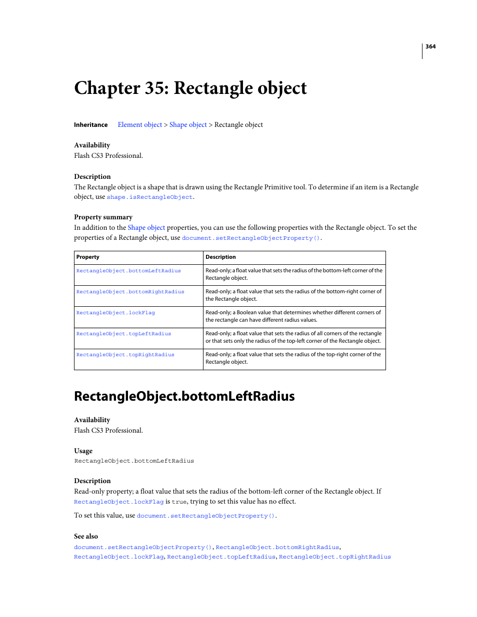 Chapter 35: rectangle object, Rectangleobject.bottomleftradius, Rectangle object | For examples | Adobe Extending Flash Professional CS4 User Manual | Page 386 / 560