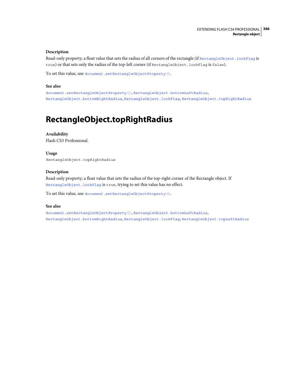 Rectangleobject.toprightradius | Adobe Extending Flash Professional CS4 User Manual | Page 388 / 560