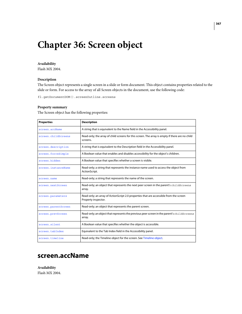 Chapter 36: screen object, Screen.accname | Adobe Extending Flash Professional CS4 User Manual | Page 389 / 560