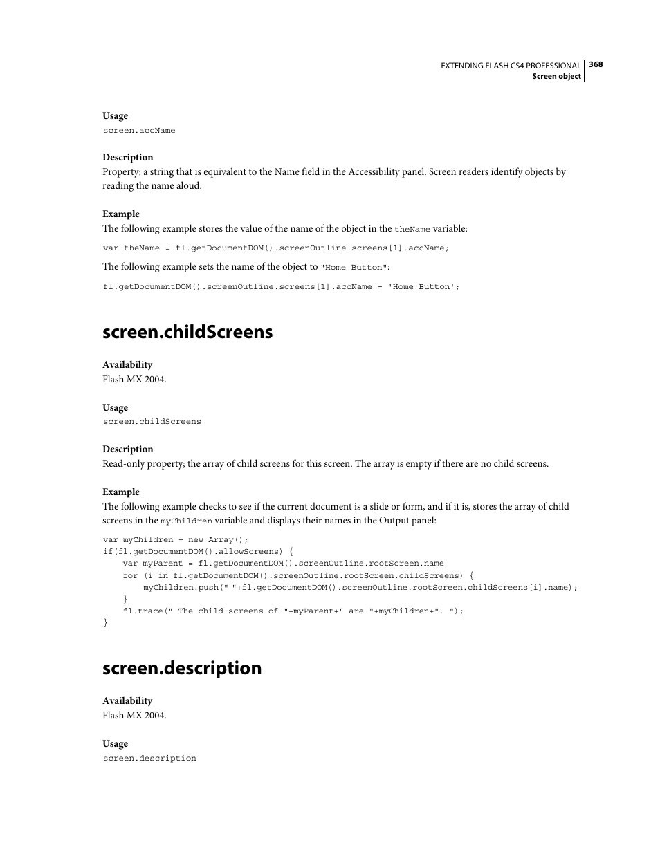 Screen.childscreens, Screen.description | Adobe Extending Flash Professional CS4 User Manual | Page 390 / 560