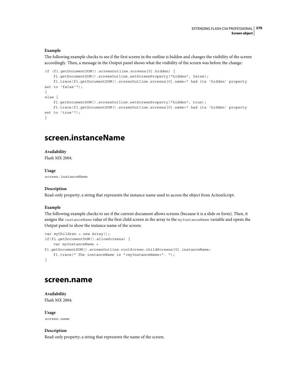 Screen.instancename, Screen.name | Adobe Extending Flash Professional CS4 User Manual | Page 392 / 560