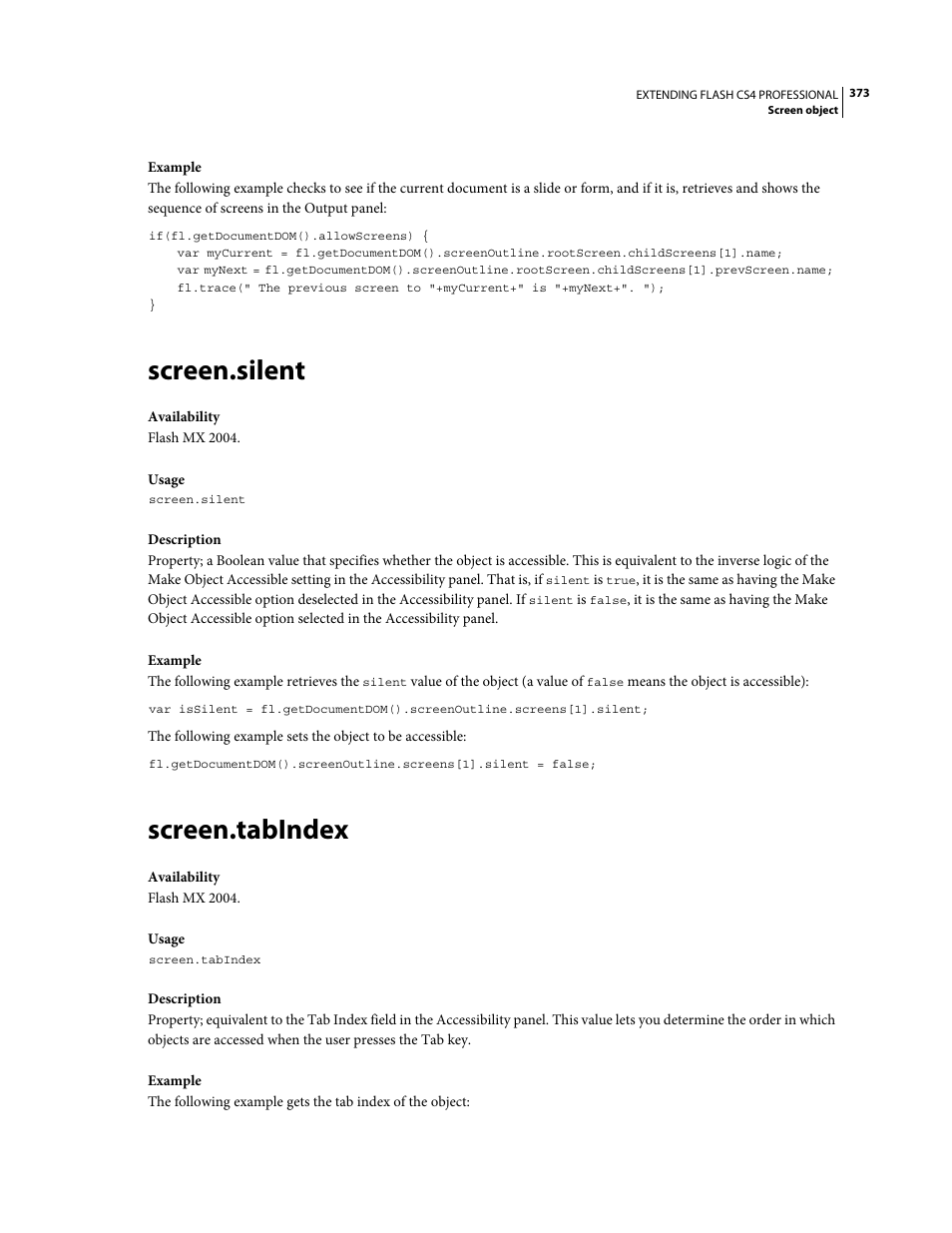 Screen.silent, Screen.tabindex | Adobe Extending Flash Professional CS4 User Manual | Page 395 / 560