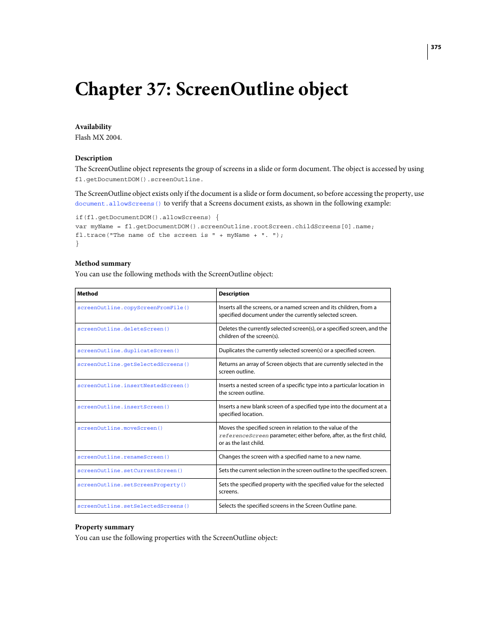 Chapter 37: screenoutline object, Screenoutline object, For the document | Adobe Extending Flash Professional CS4 User Manual | Page 397 / 560