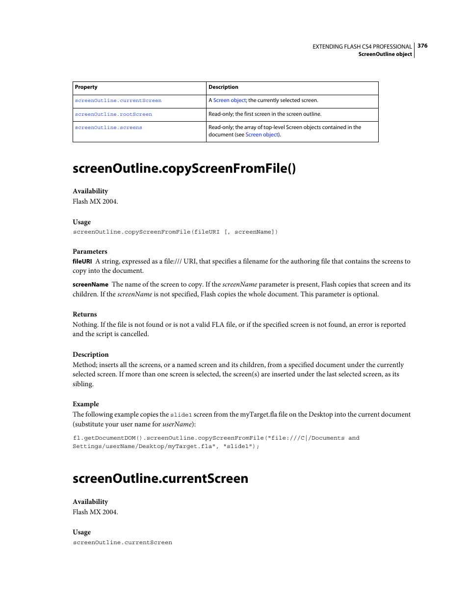 Screenoutline.copyscreenfromfile(), Screenoutline.currentscreen | Adobe Extending Flash Professional CS4 User Manual | Page 398 / 560