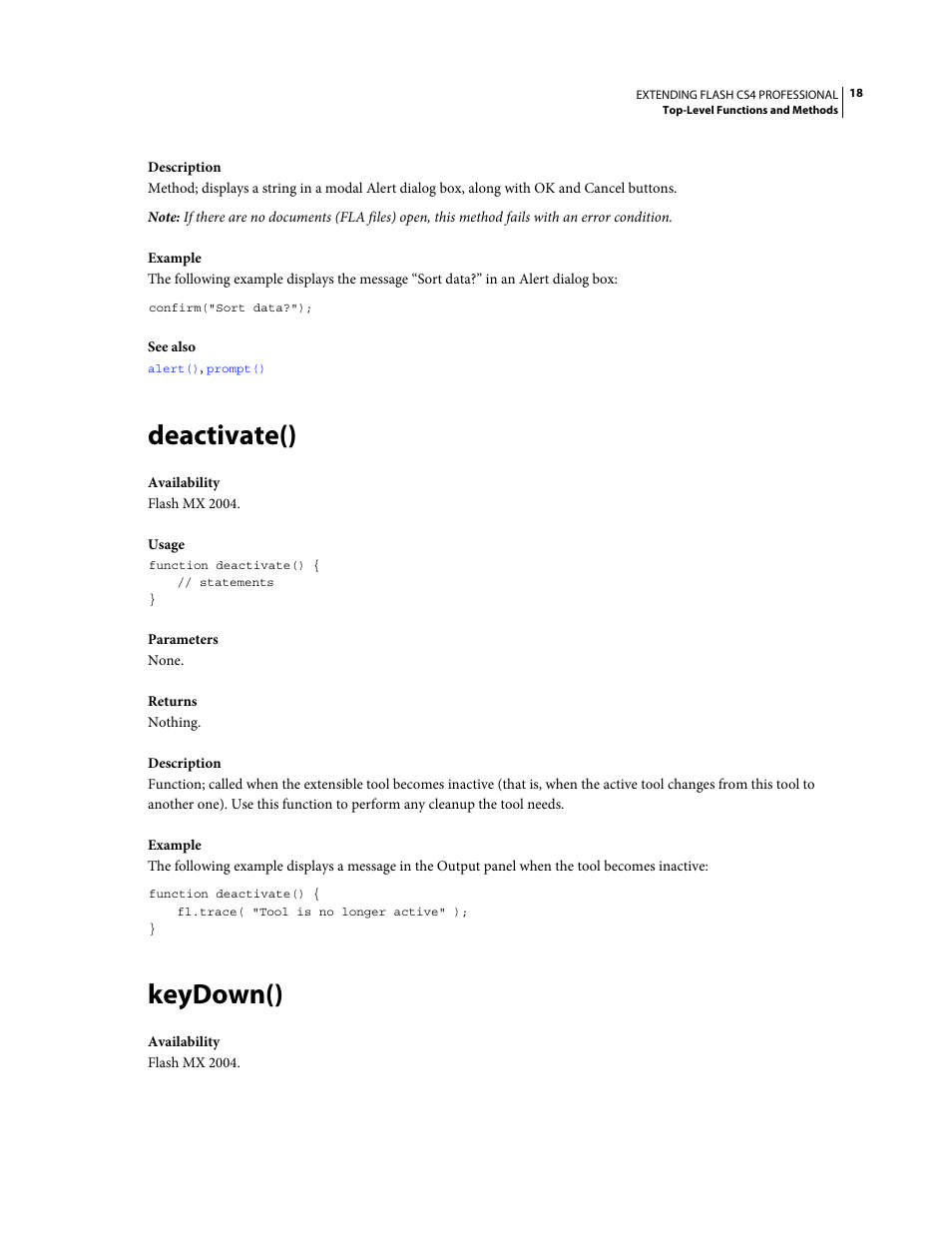 Deactivate(), Keydown() | Adobe Extending Flash Professional CS4 User Manual | Page 40 / 560