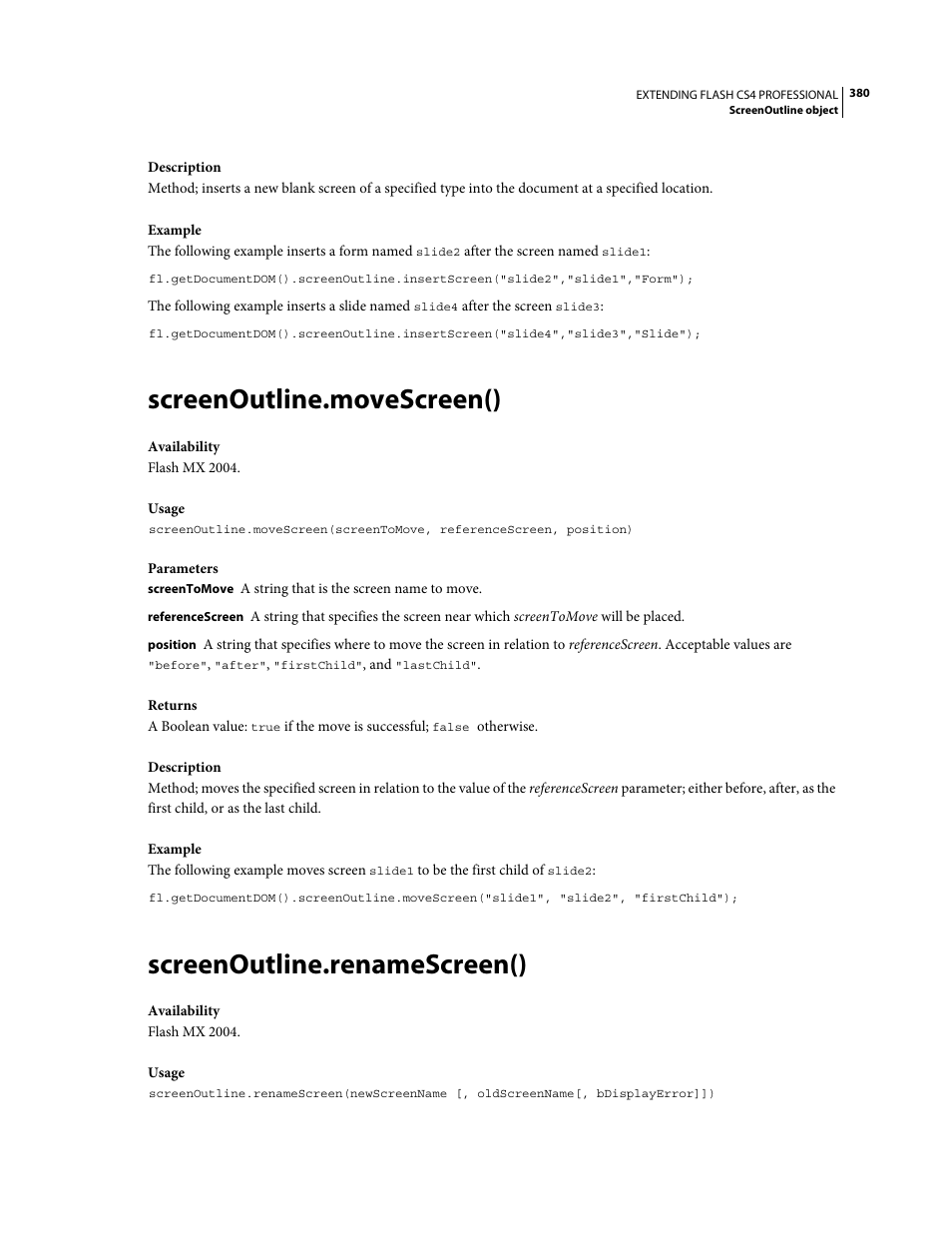 Screenoutline.movescreen(), Screenoutline.renamescreen() | Adobe Extending Flash Professional CS4 User Manual | Page 402 / 560