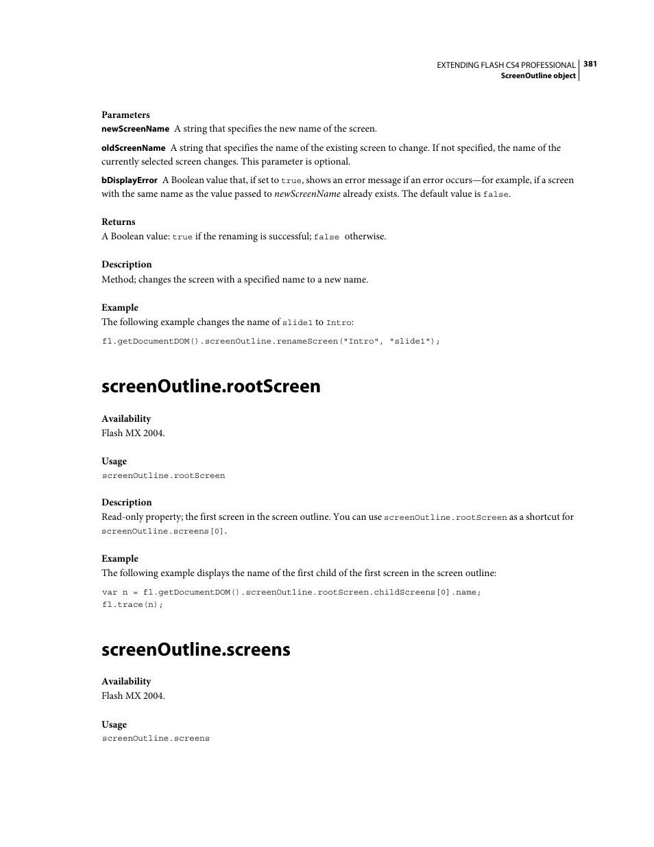Screenoutline.rootscreen, Screenoutline.screens | Adobe Extending Flash Professional CS4 User Manual | Page 403 / 560