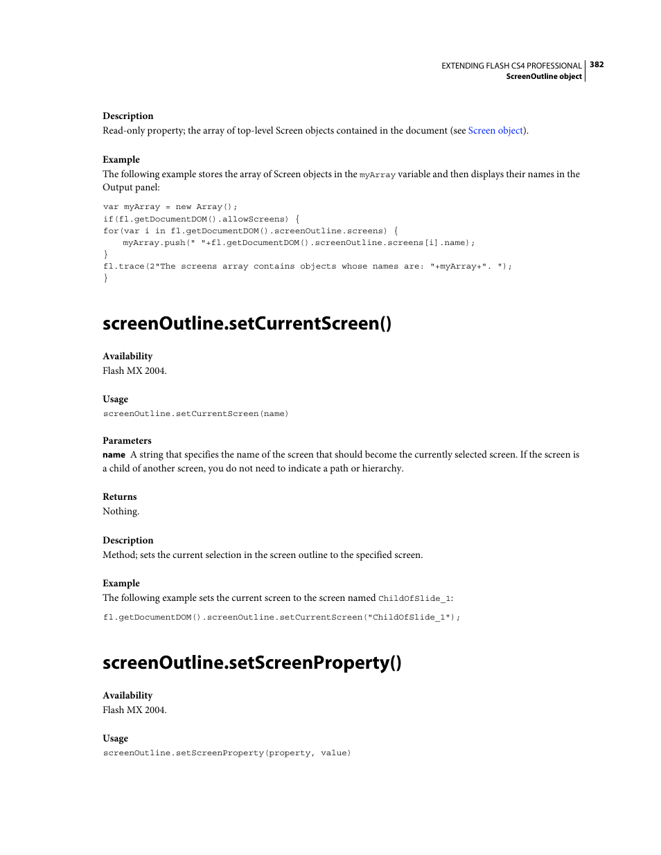 Screenoutline.setcurrentscreen(), Screenoutline.setscreenproperty() | Adobe Extending Flash Professional CS4 User Manual | Page 404 / 560