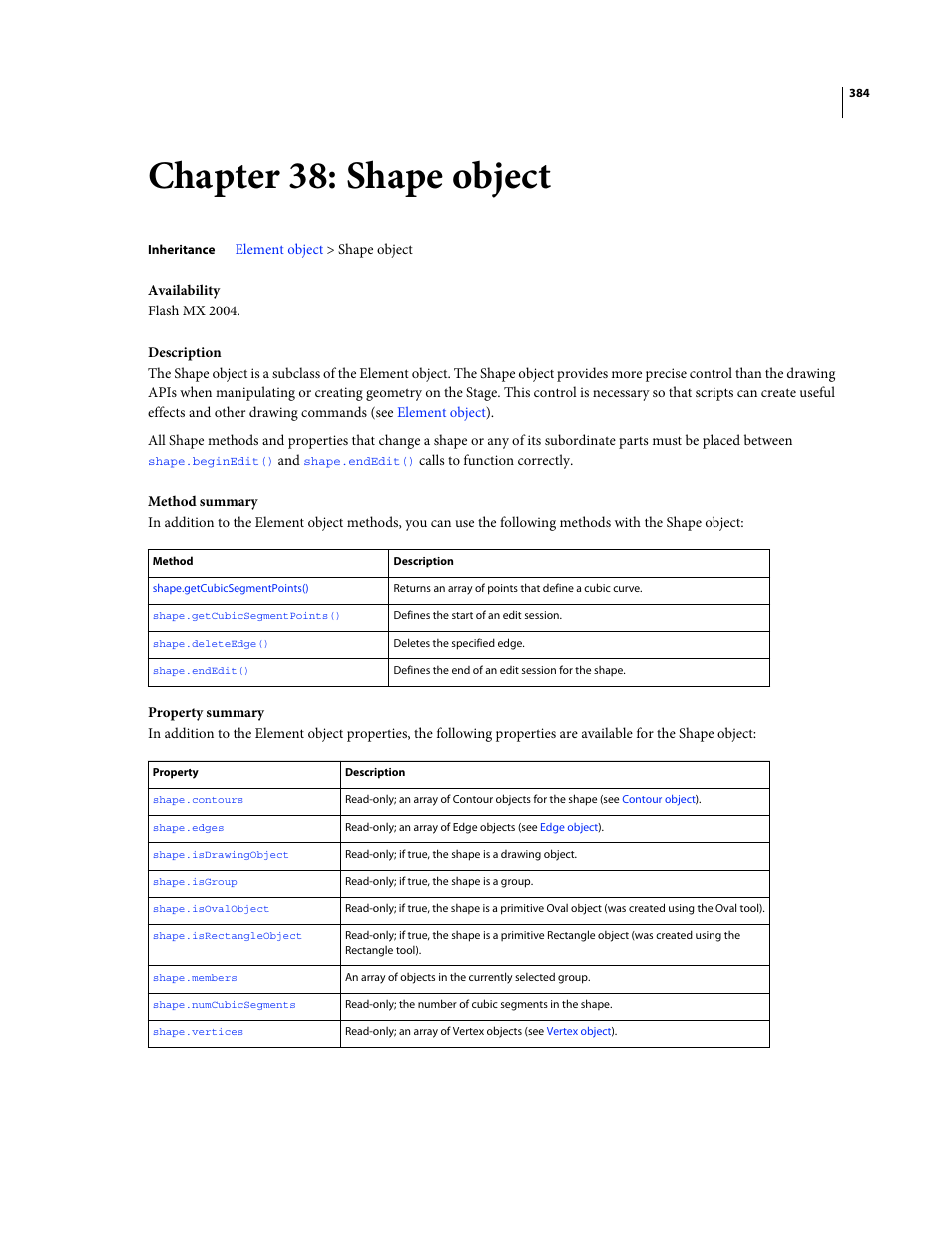Chapter 38: shape object, Shape object | Adobe Extending Flash Professional CS4 User Manual | Page 406 / 560