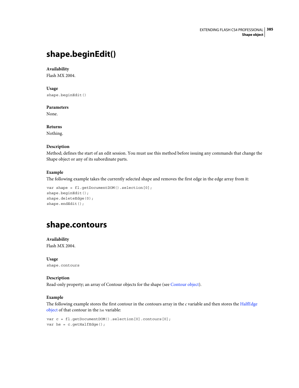 Shape.beginedit(), Shape.contours | Adobe Extending Flash Professional CS4 User Manual | Page 407 / 560