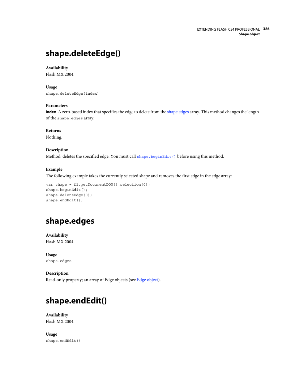 Shape.deleteedge(), Shape.edges, Shape.endedit() | Adobe Extending Flash Professional CS4 User Manual | Page 408 / 560
