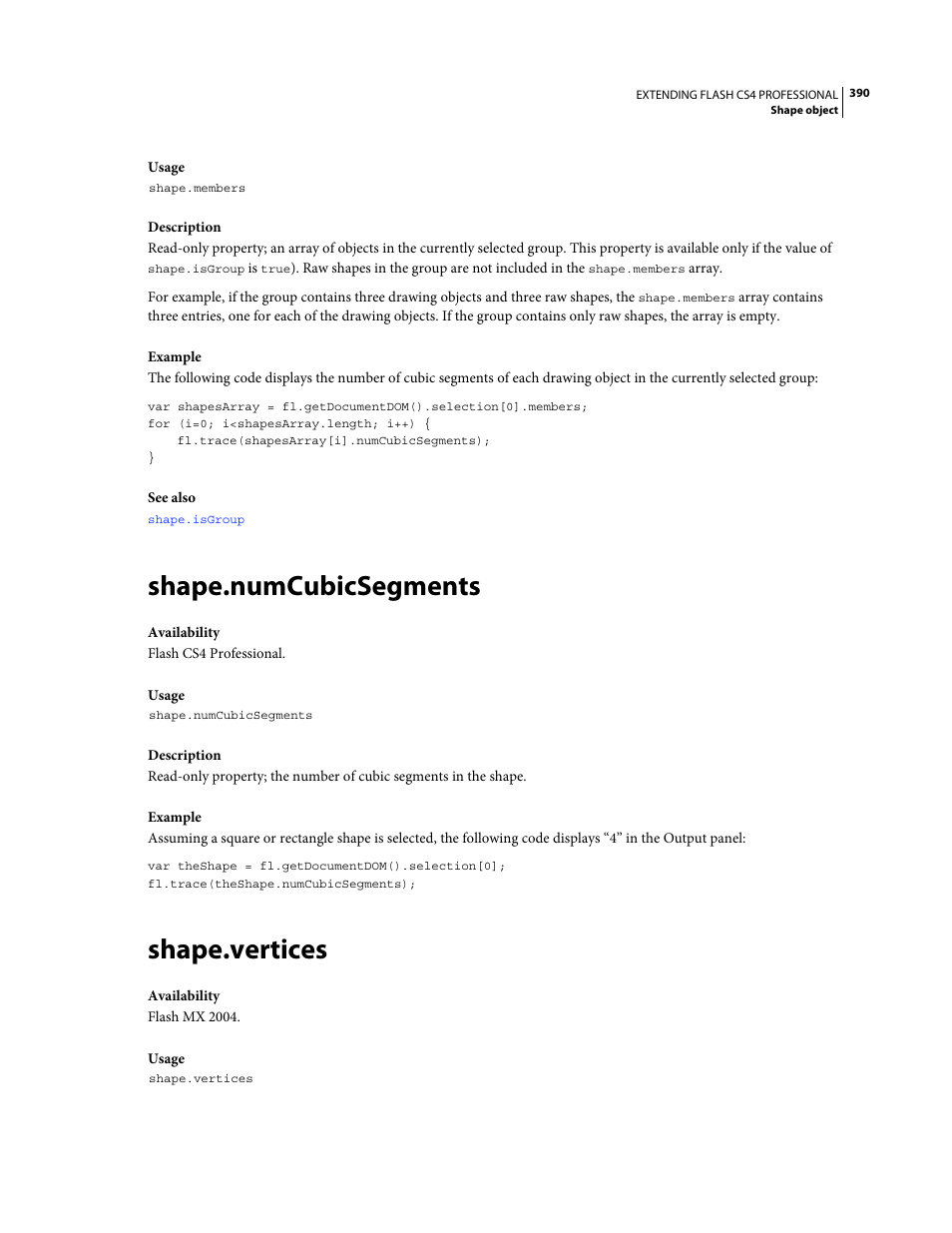 Shape.numcubicsegments, Shape.vertices | Adobe Extending Flash Professional CS4 User Manual | Page 412 / 560