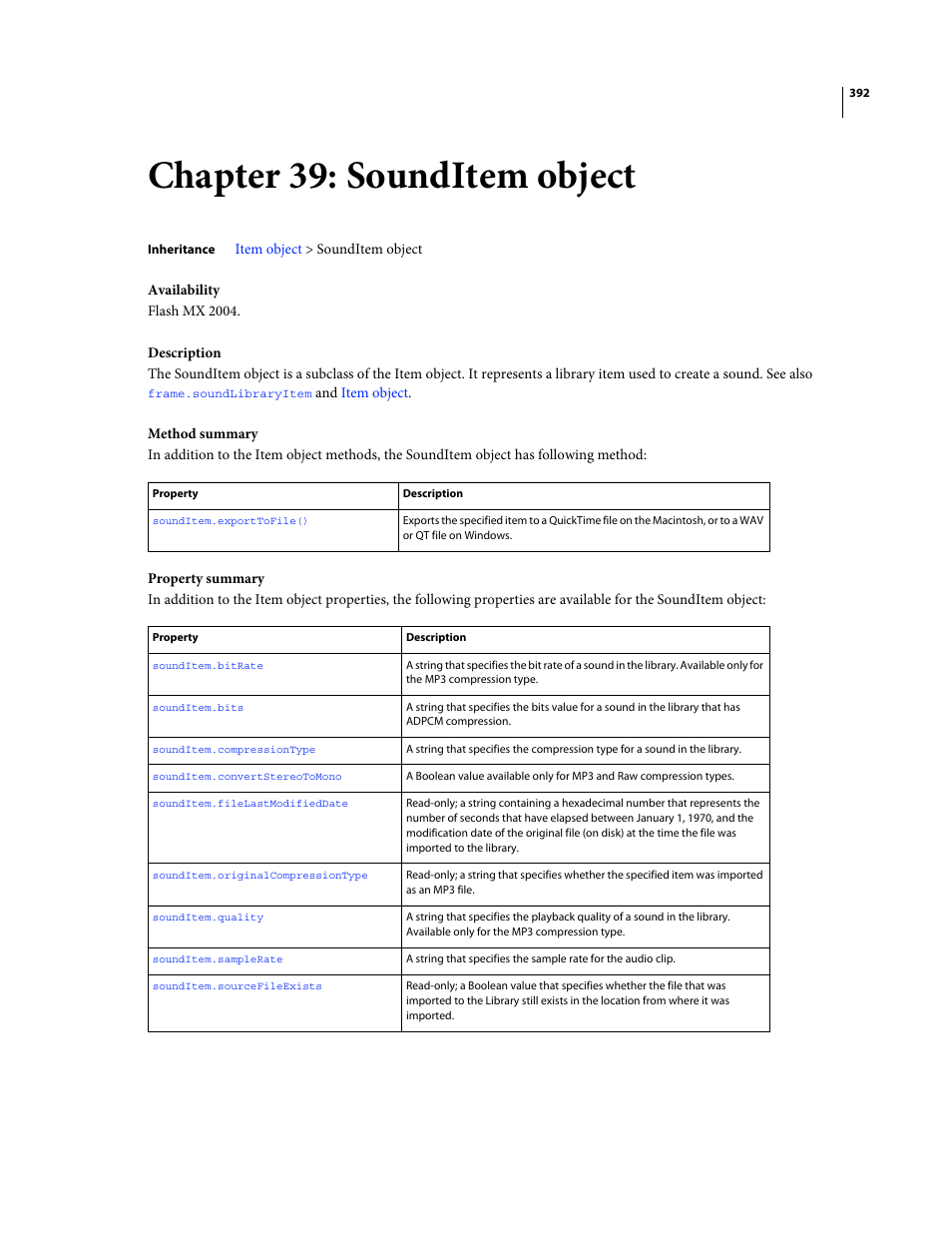 Chapter 39: sounditem object, Sounditem object, A library item (see | Used to create a sound, Property; a library item (see | Adobe Extending Flash Professional CS4 User Manual | Page 414 / 560