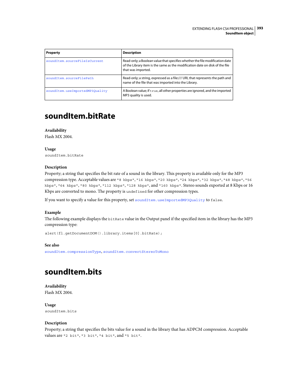 Sounditem.bitrate, Sounditem.bits | Adobe Extending Flash Professional CS4 User Manual | Page 415 / 560