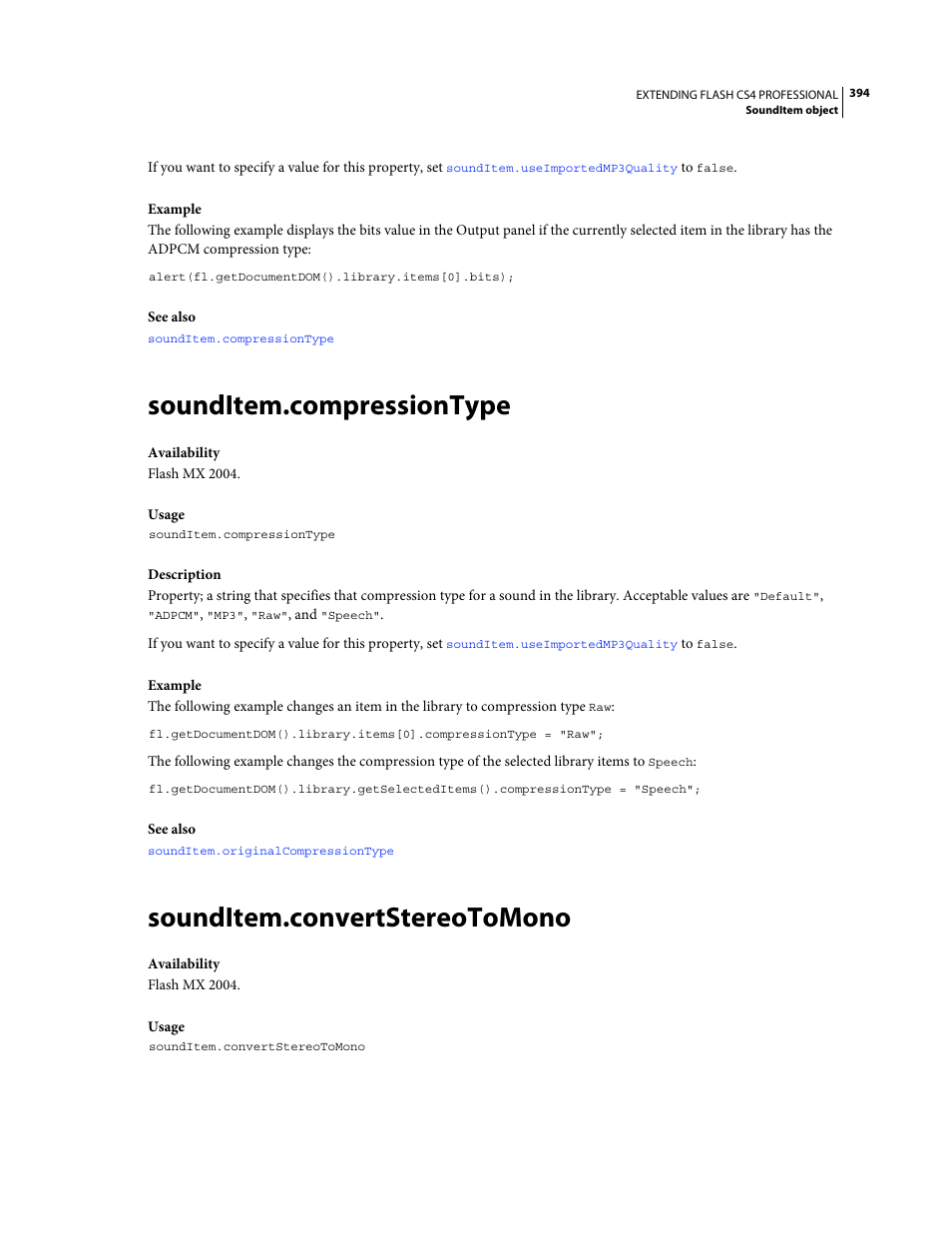 Sounditem.compressiontype, Sounditem.convertstereotomono | Adobe Extending Flash Professional CS4 User Manual | Page 416 / 560