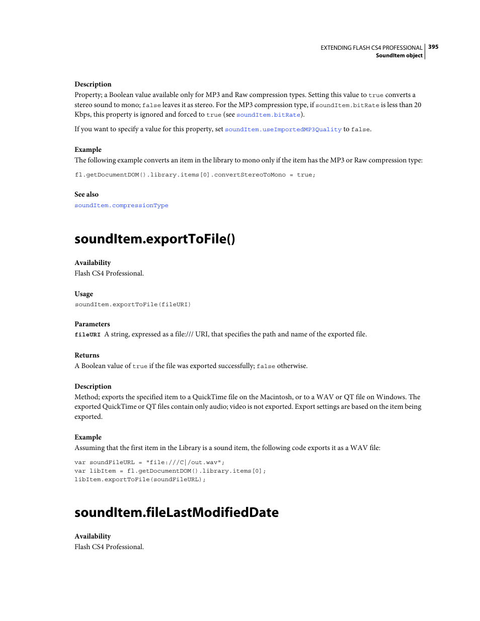 Sounditem.exporttofile(), Sounditem.filelastmodifieddate | Adobe Extending Flash Professional CS4 User Manual | Page 417 / 560