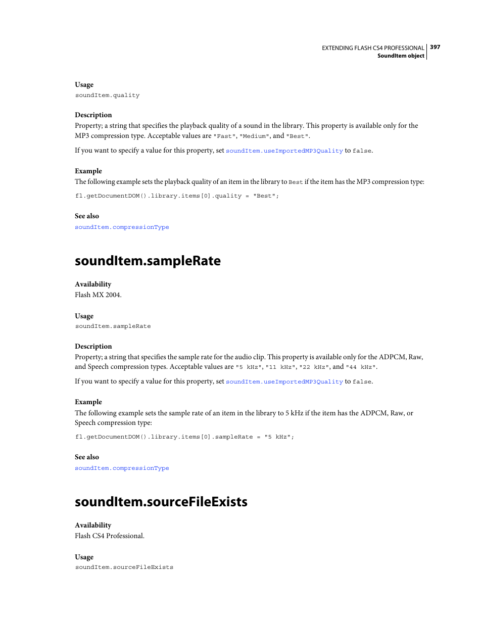 Sounditem.samplerate, Sounditem.sourcefileexists | Adobe Extending Flash Professional CS4 User Manual | Page 419 / 560