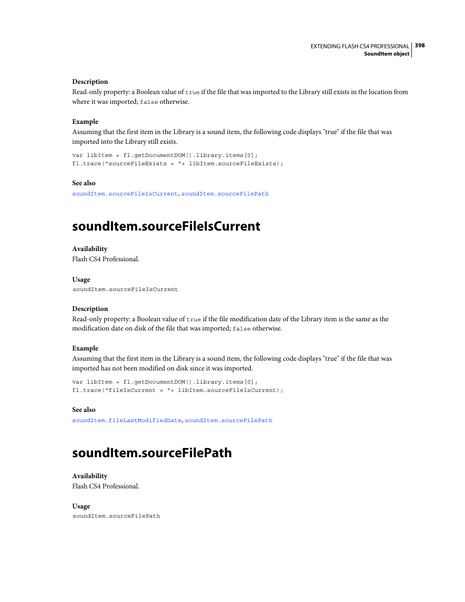 Sounditem.sourcefileiscurrent, Sounditem.sourcefilepath | Adobe Extending Flash Professional CS4 User Manual | Page 420 / 560