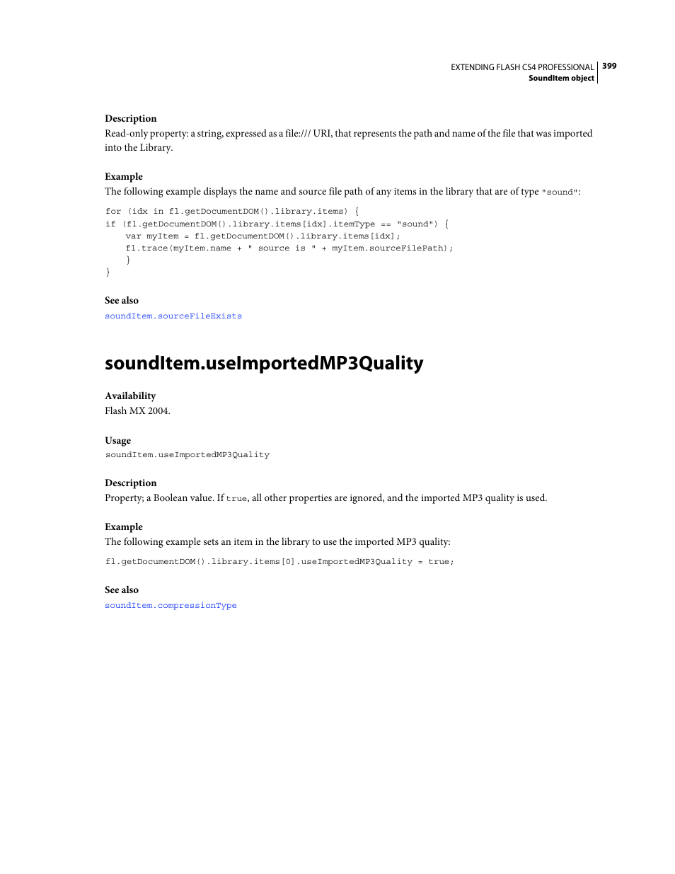 Sounditem.useimportedmp3quality | Adobe Extending Flash Professional CS4 User Manual | Page 421 / 560