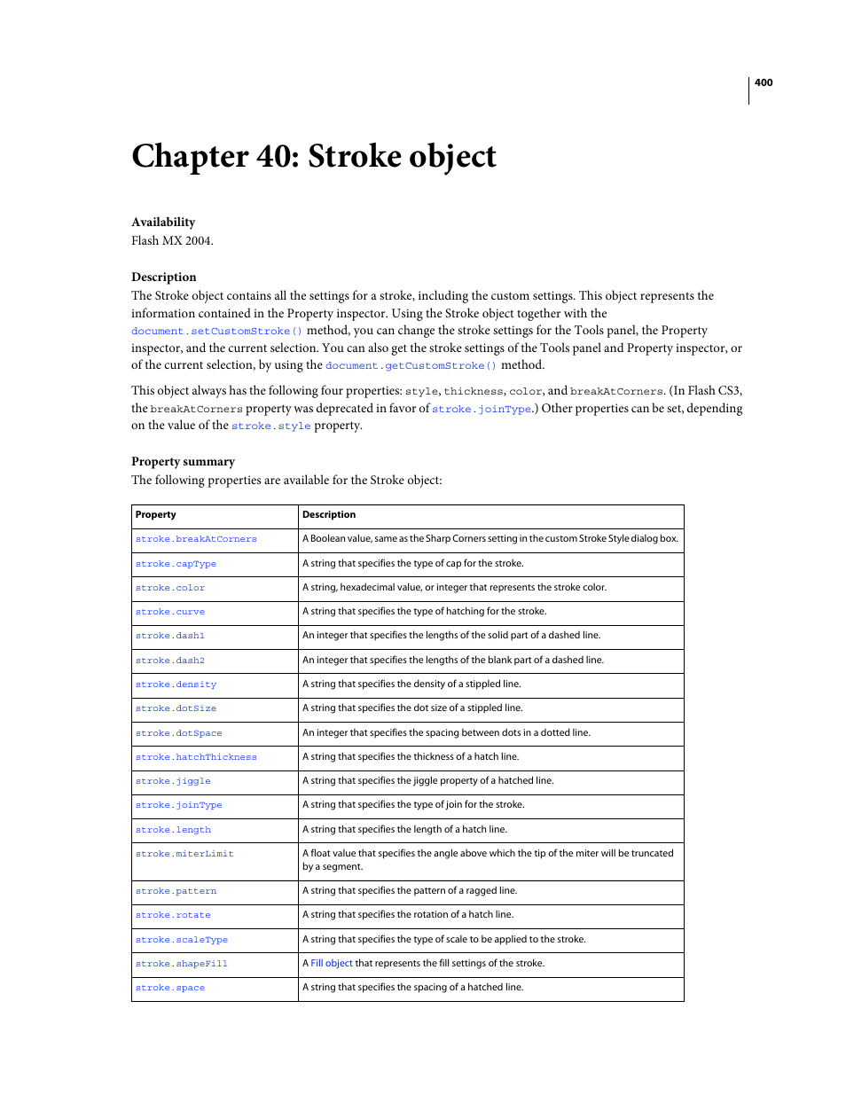 Chapter 40: stroke object, Stroke object | Adobe Extending Flash Professional CS4 User Manual | Page 422 / 560