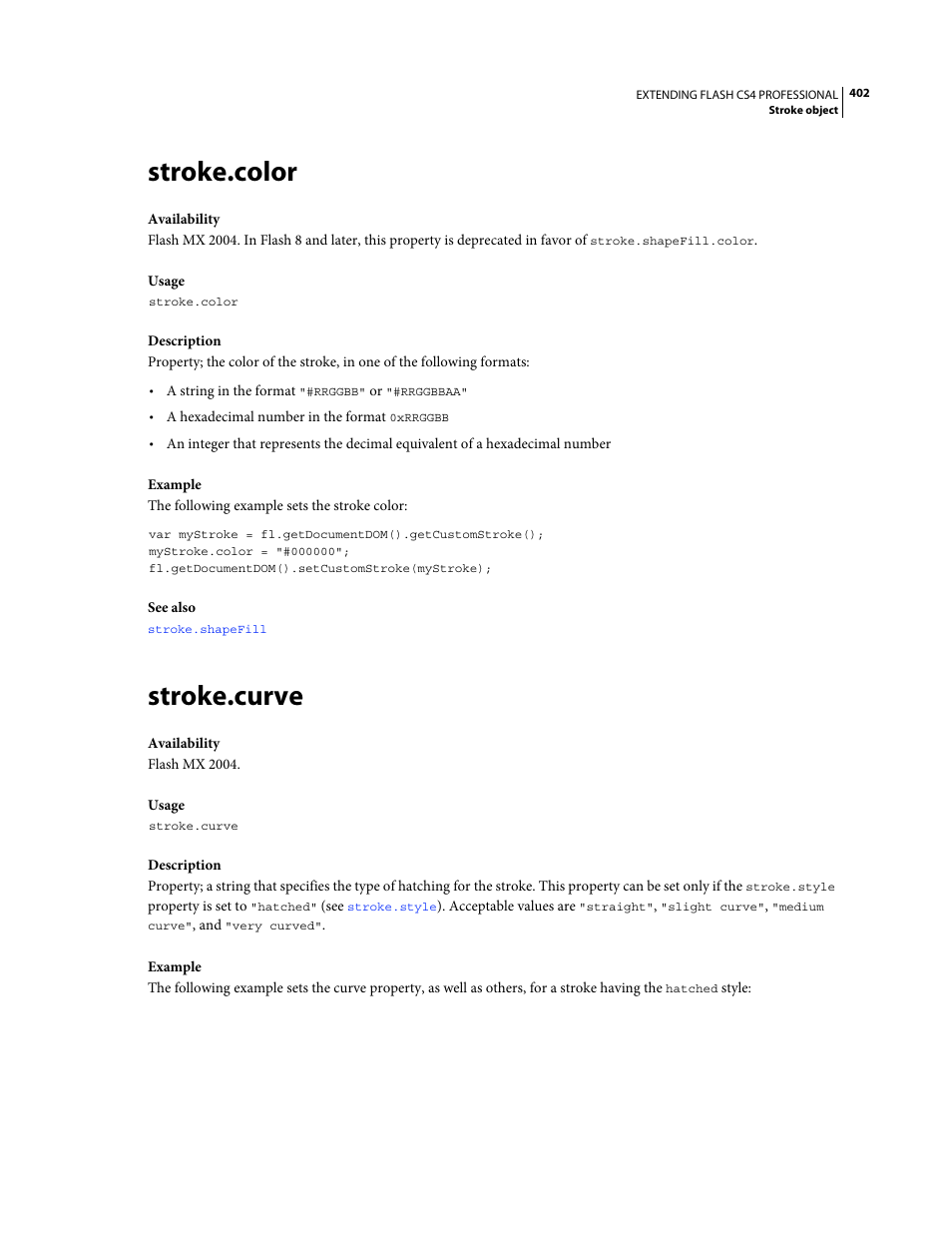 Stroke.color, Stroke.curve | Adobe Extending Flash Professional CS4 User Manual | Page 424 / 560