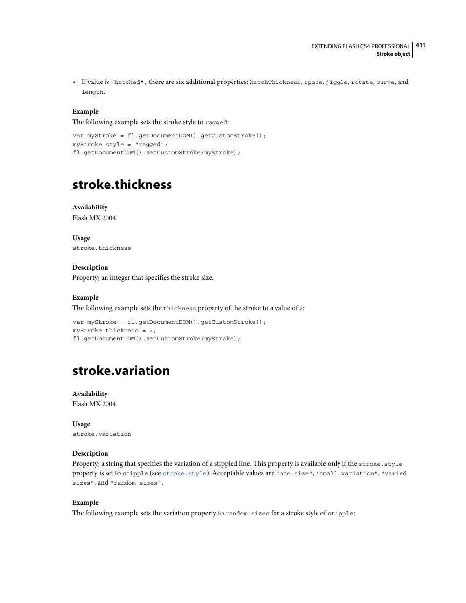 Stroke.thickness, Stroke.variation | Adobe Extending Flash Professional CS4 User Manual | Page 433 / 560