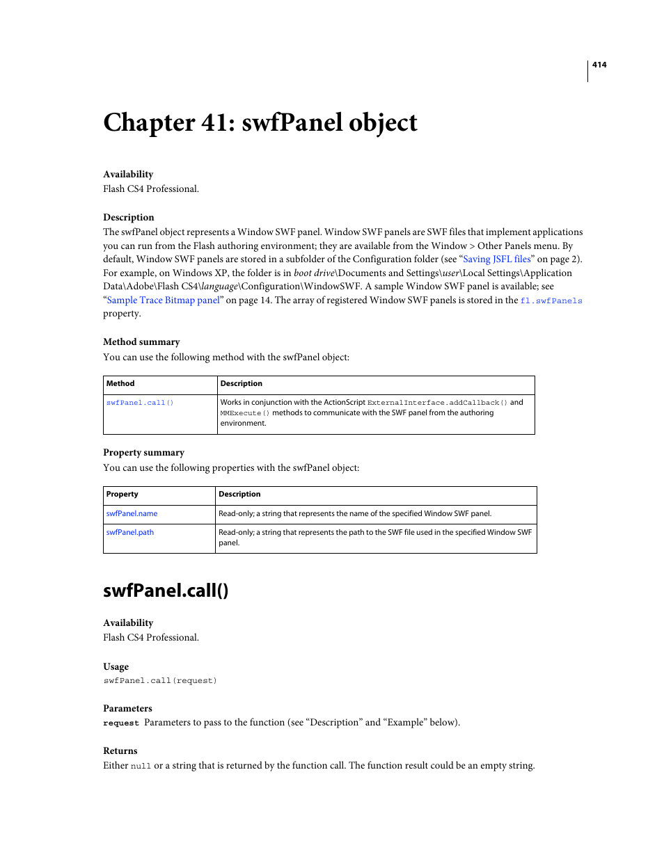 Chapter 41: swfpanel object, Swfpanel.call(), Swfpanel object | Adobe Extending Flash Professional CS4 User Manual | Page 436 / 560