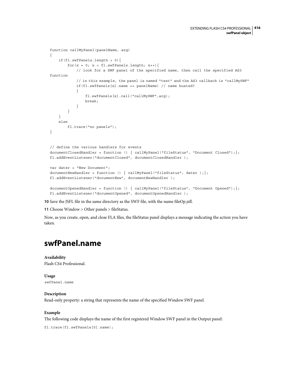 Swfpanel.name | Adobe Extending Flash Professional CS4 User Manual | Page 438 / 560