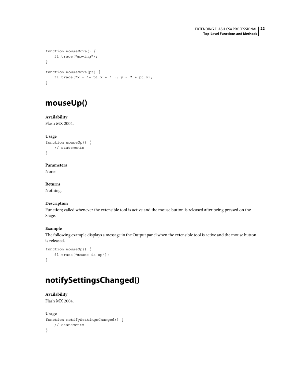 Mouseup(), Notifysettingschanged() | Adobe Extending Flash Professional CS4 User Manual | Page 44 / 560