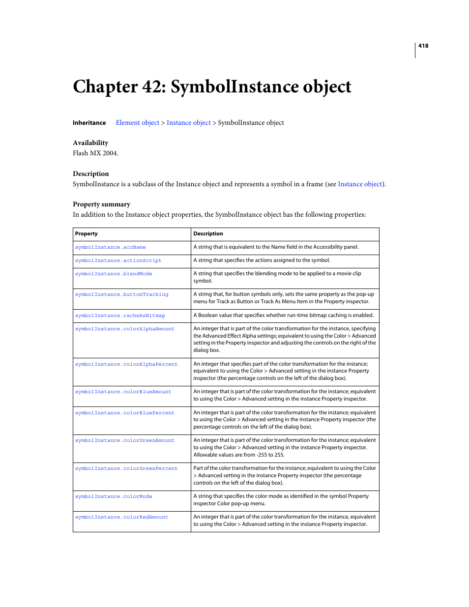 Chapter 42: symbolinstance object, Symbolinstance object, Componentinstance object | In addition to all the properties of the | Adobe Extending Flash Professional CS4 User Manual | Page 440 / 560