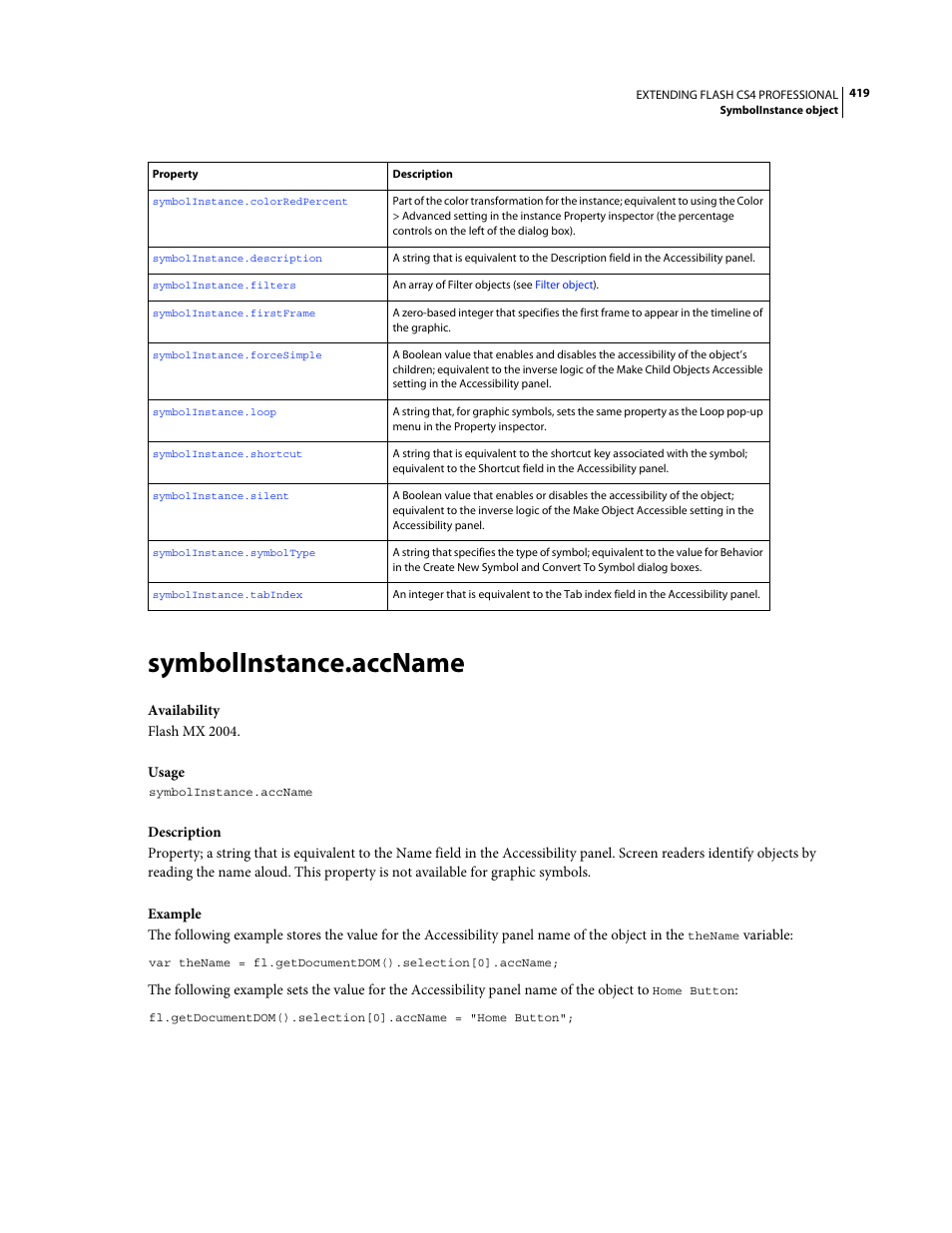 Symbolinstance.accname | Adobe Extending Flash Professional CS4 User Manual | Page 441 / 560