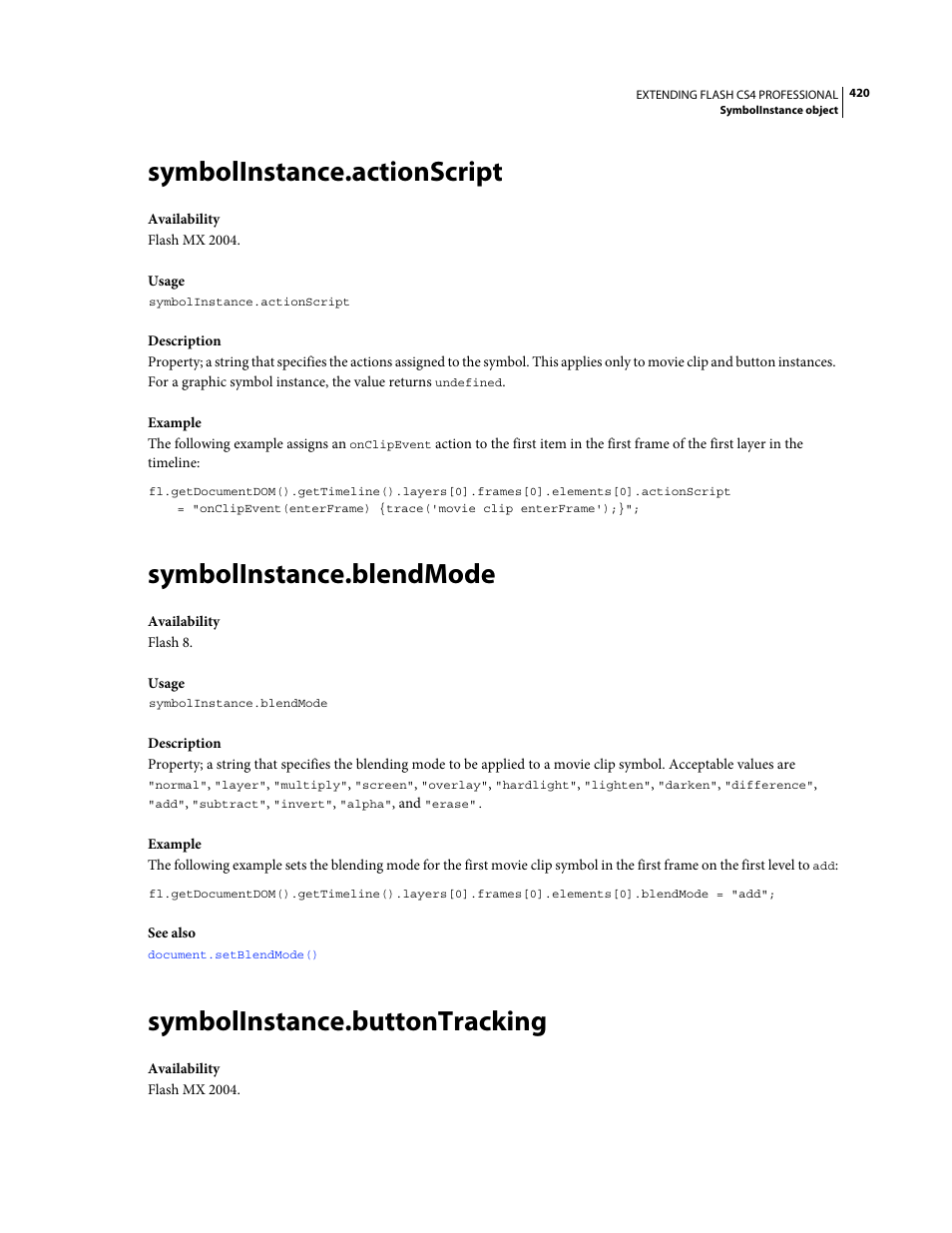 Symbolinstance.actionscript, Symbolinstance.blendmode, Symbolinstance.buttontracking | Adobe Extending Flash Professional CS4 User Manual | Page 442 / 560