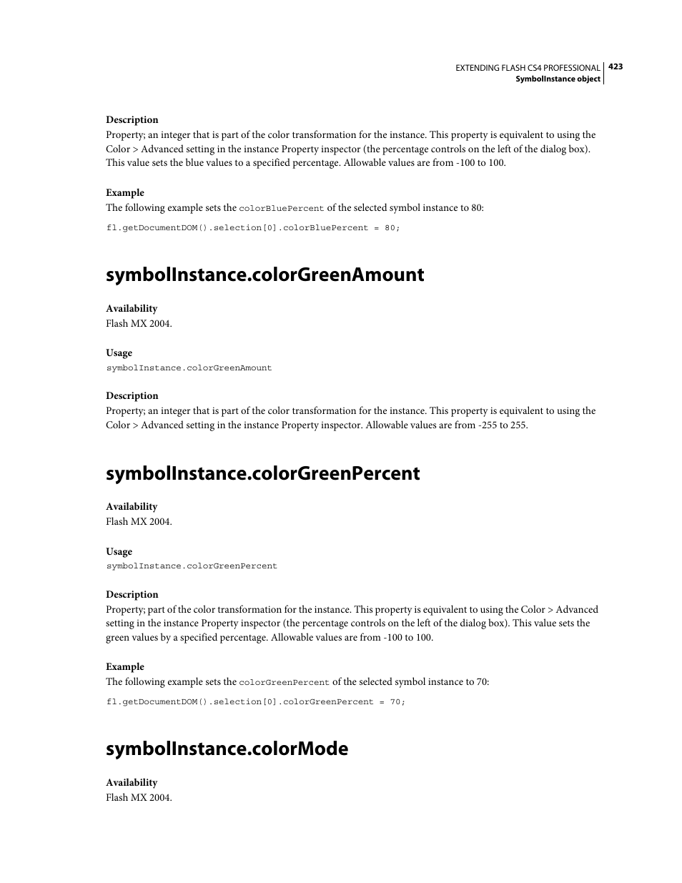 Symbolinstance.colorgreenamount, Symbolinstance.colorgreenpercent, Symbolinstance.colormode | Adobe Extending Flash Professional CS4 User Manual | Page 445 / 560