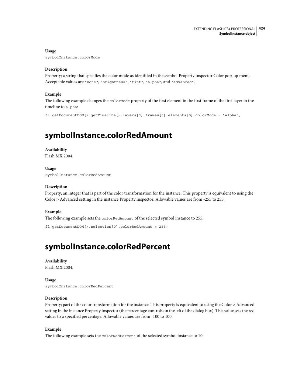 Symbolinstance.colorredamount, Symbolinstance.colorredpercent | Adobe Extending Flash Professional CS4 User Manual | Page 446 / 560