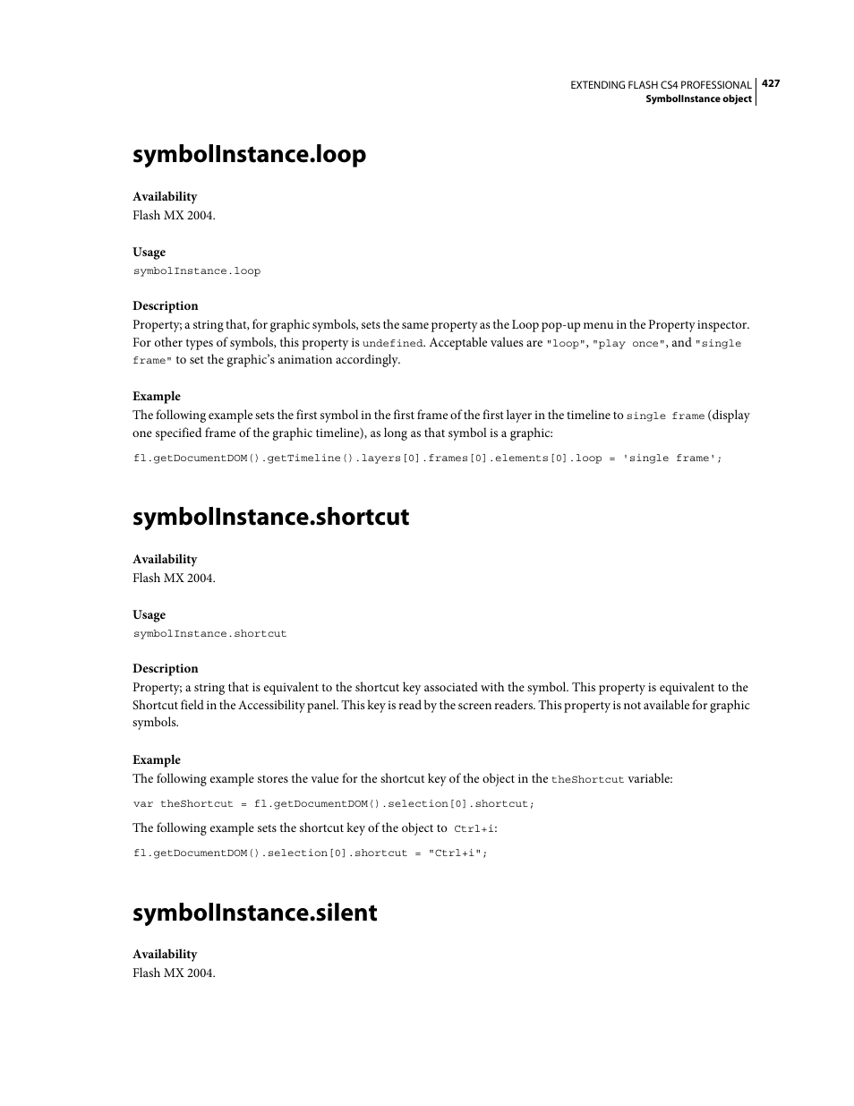 Symbolinstance.loop, Symbolinstance.shortcut, Symbolinstance.silent | Adobe Extending Flash Professional CS4 User Manual | Page 449 / 560