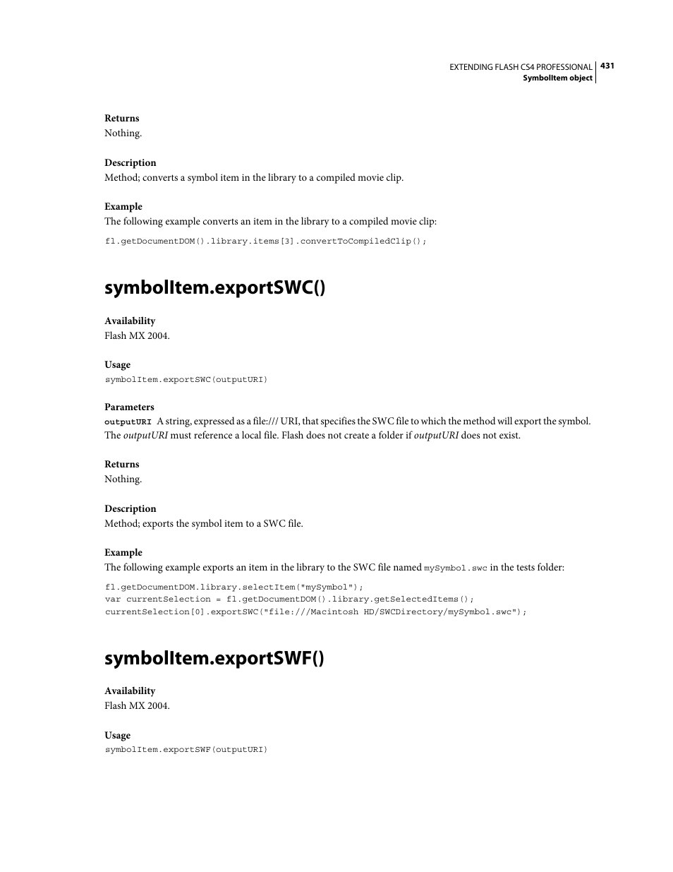 Symbolitem.exportswc(), Symbolitem.exportswf() | Adobe Extending Flash Professional CS4 User Manual | Page 453 / 560